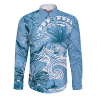 Polynesian Hibiscus Flower Tribal Family Matching Off Shoulder Short Dress and Hawaiian Shirt Blue Color