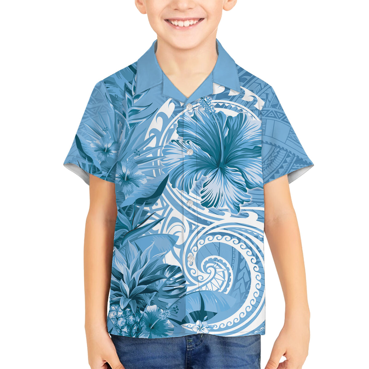 Polynesian Hibiscus Flower Tribal Family Matching Off Shoulder Short Dress and Hawaiian Shirt Blue Color
