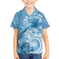 Polynesian Hibiscus Flower Tribal Family Matching Off Shoulder Short Dress and Hawaiian Shirt Blue Color