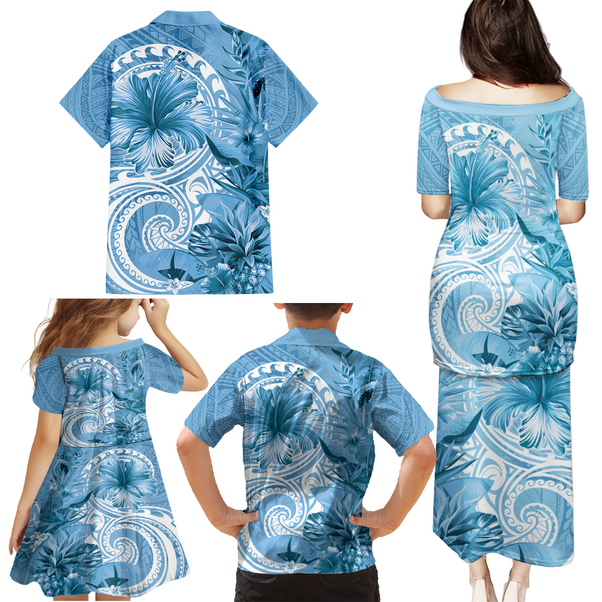 Polynesian Hibiscus Flower Tribal Family Matching Puletasi and Hawaiian Shirt Blue Color