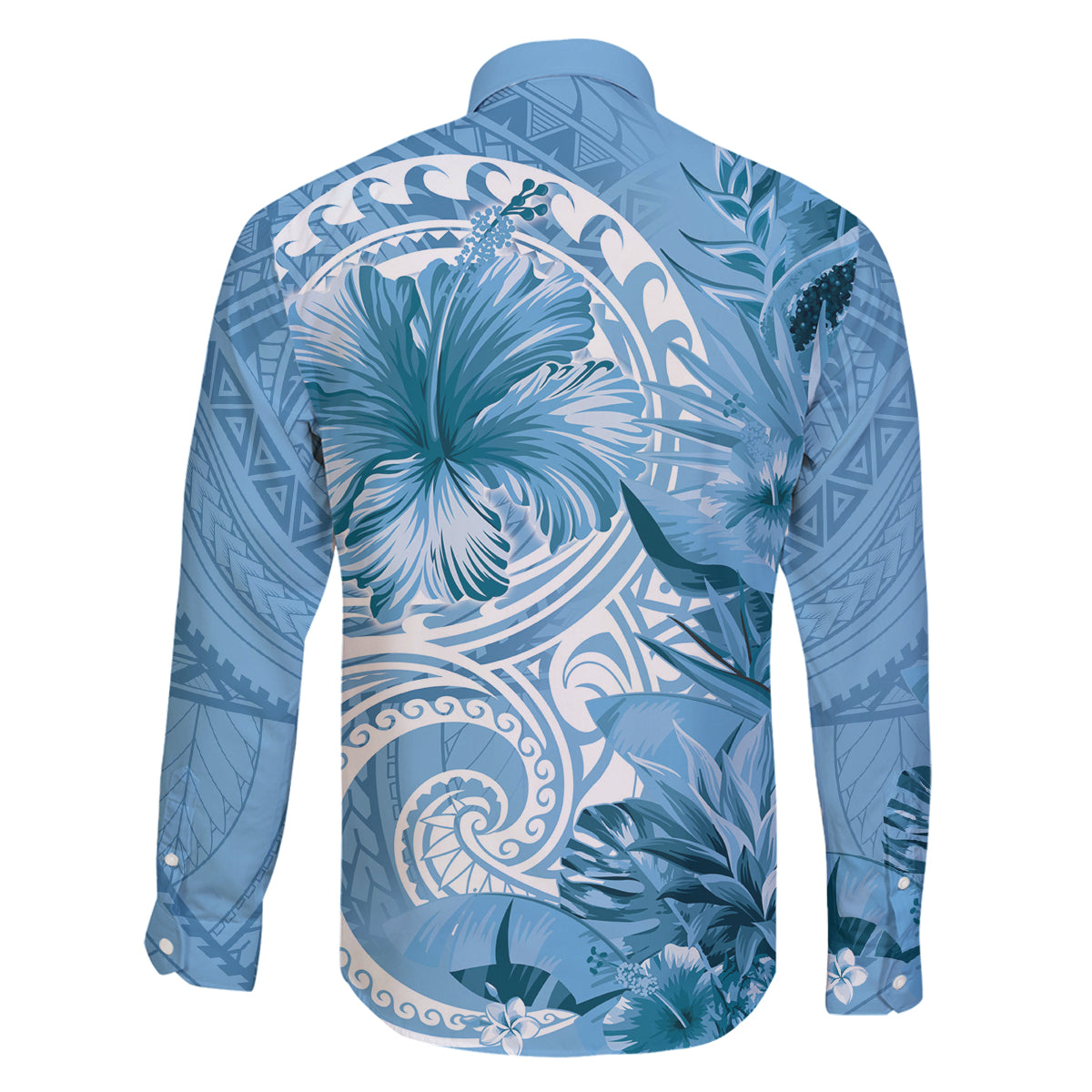 Polynesian Hibiscus Flower Tribal Family Matching Puletasi and Hawaiian Shirt Blue Color