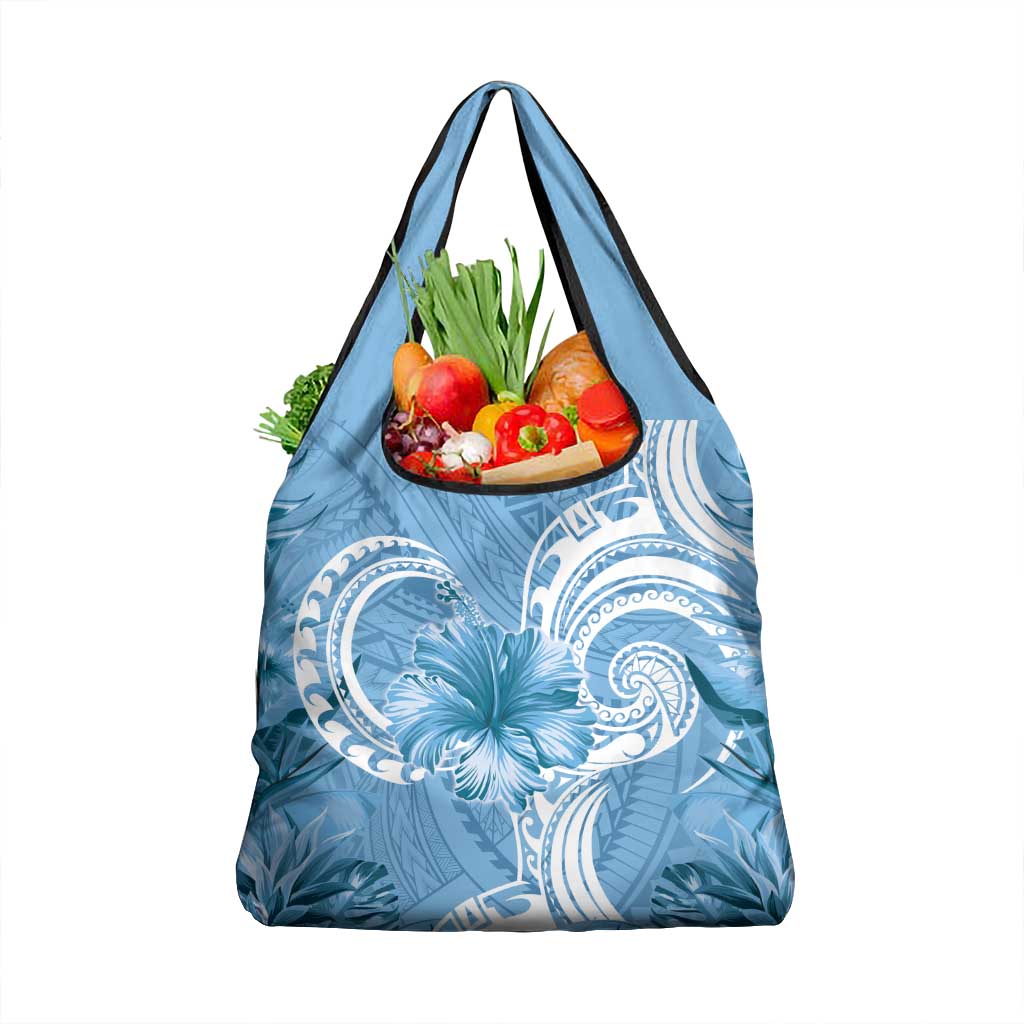 Polynesian Hibiscus Flower Tribal Grocery Bag Blue Color