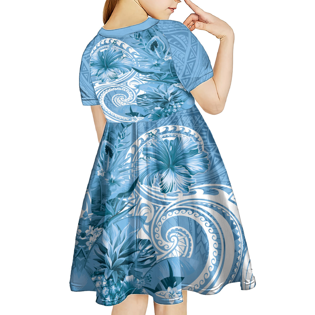 Polynesian Hibiscus Flower Tribal Kid Short Sleeve Dress Blue Color LT9 - Polynesian Pride