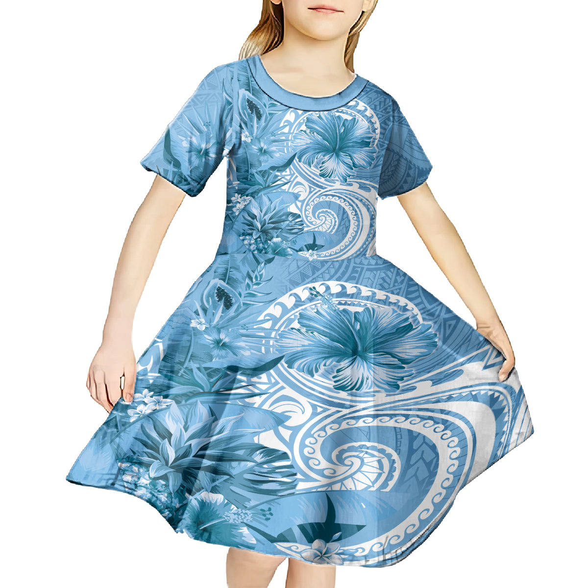 Polynesian Hibiscus Flower Tribal Kid Short Sleeve Dress Blue Color LT9 - Polynesian Pride