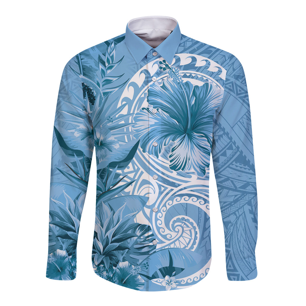 Polynesian Hibiscus Flower Tribal Long Sleeve Button Shirt Blue Color LT9 Unisex Blue - Polynesian Pride