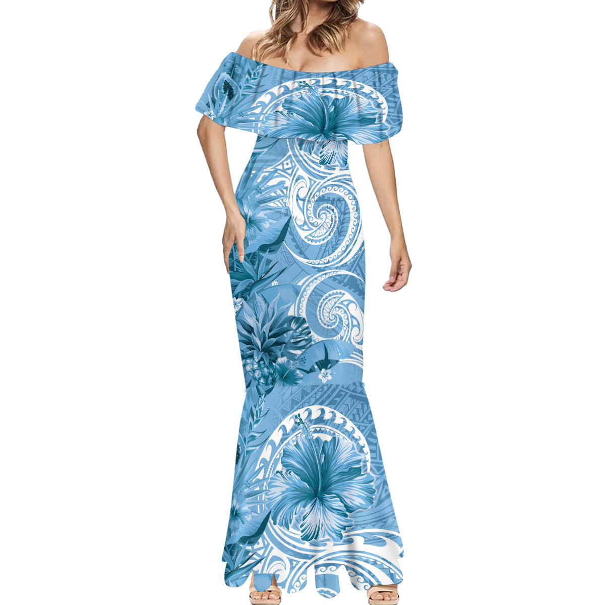 Polynesian Hibiscus Flower Tribal Mermaid Dress Blue Color