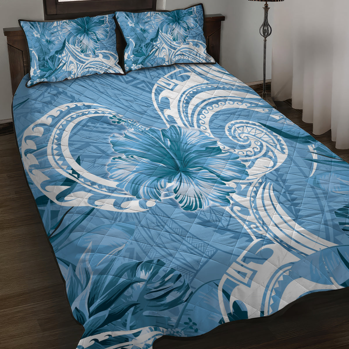 Polynesian Hibiscus Flower Tribal Quilt Bed Set Blue Color