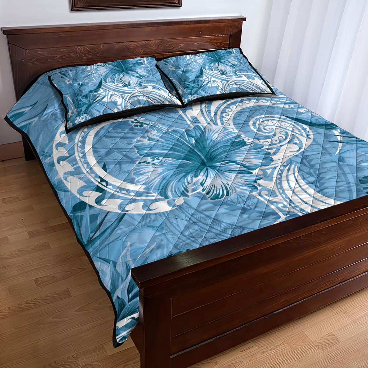 Polynesian Hibiscus Flower Tribal Quilt Bed Set Blue Color