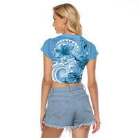 Polynesian Hibiscus Flower Tribal Raglan Cropped T Shirt Blue Color