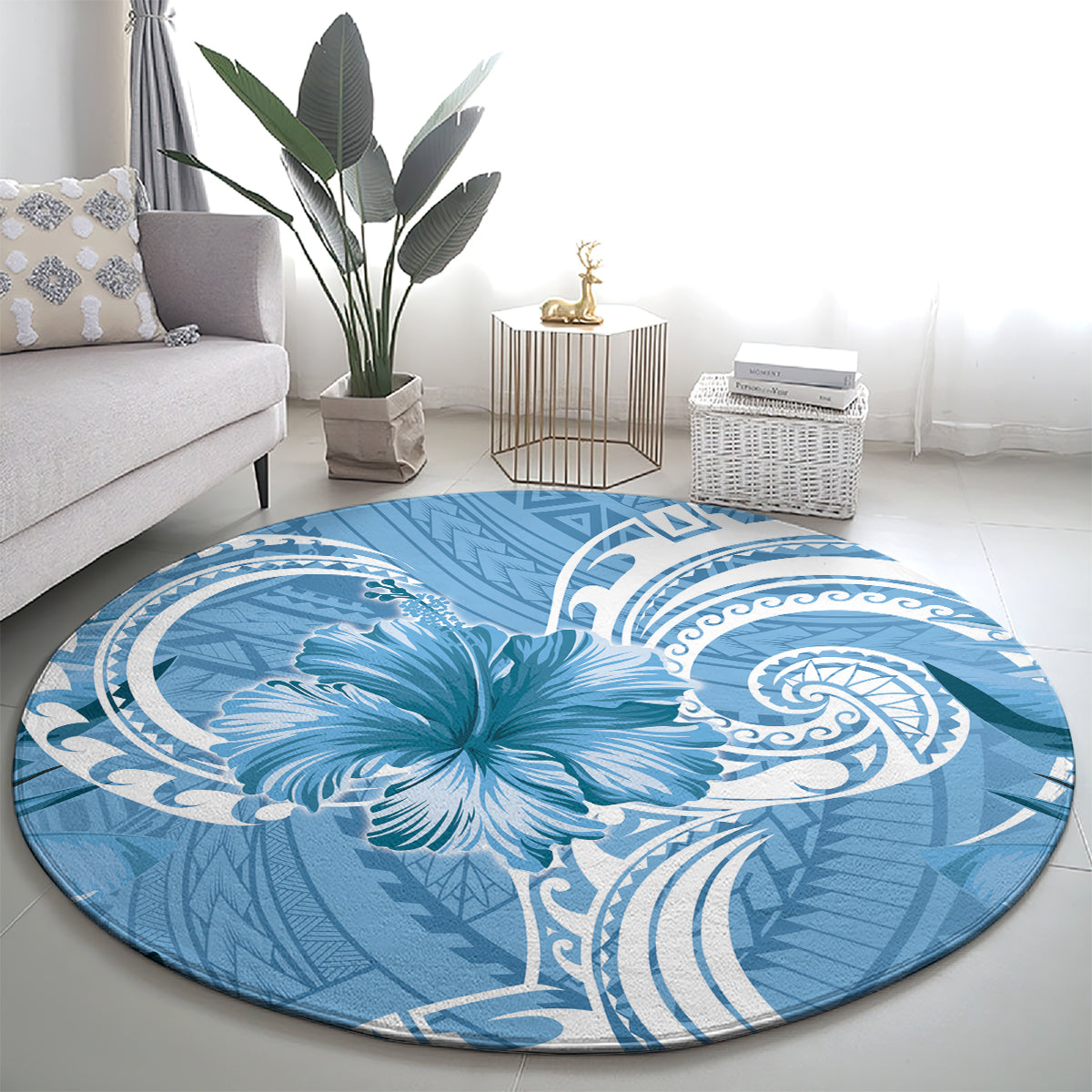 Polynesian Hibiscus Flower Tribal Round Carpet Blue Color LT9 - Polynesian Pride