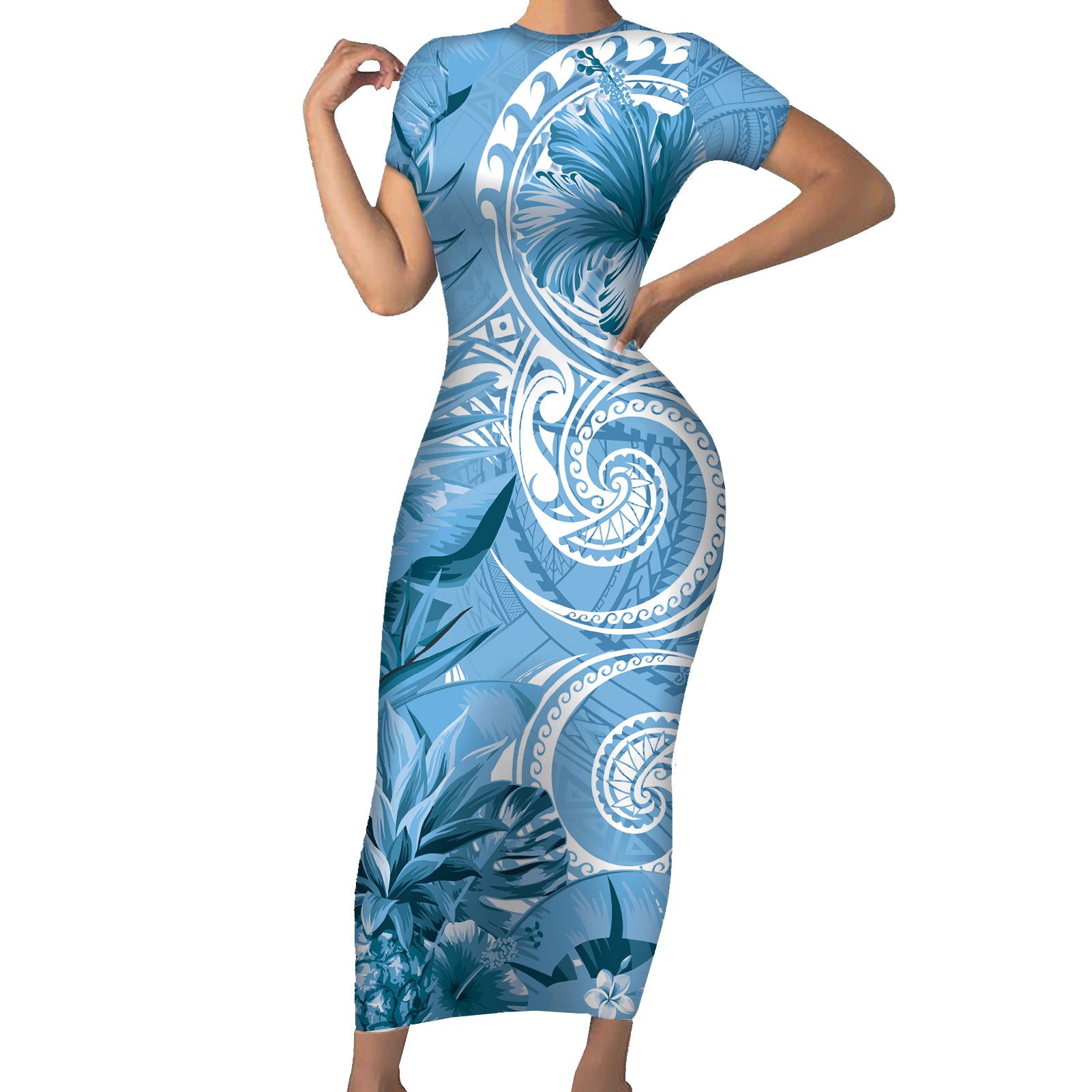 Polynesian Hibiscus Flower Tribal Short Sleeve Bodycon Dress Blue Color