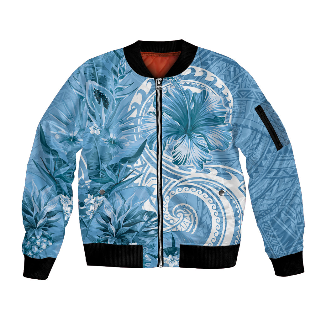 Polynesian Hibiscus Flower Tribal Sleeve Zip Bomber Jacket Blue Color