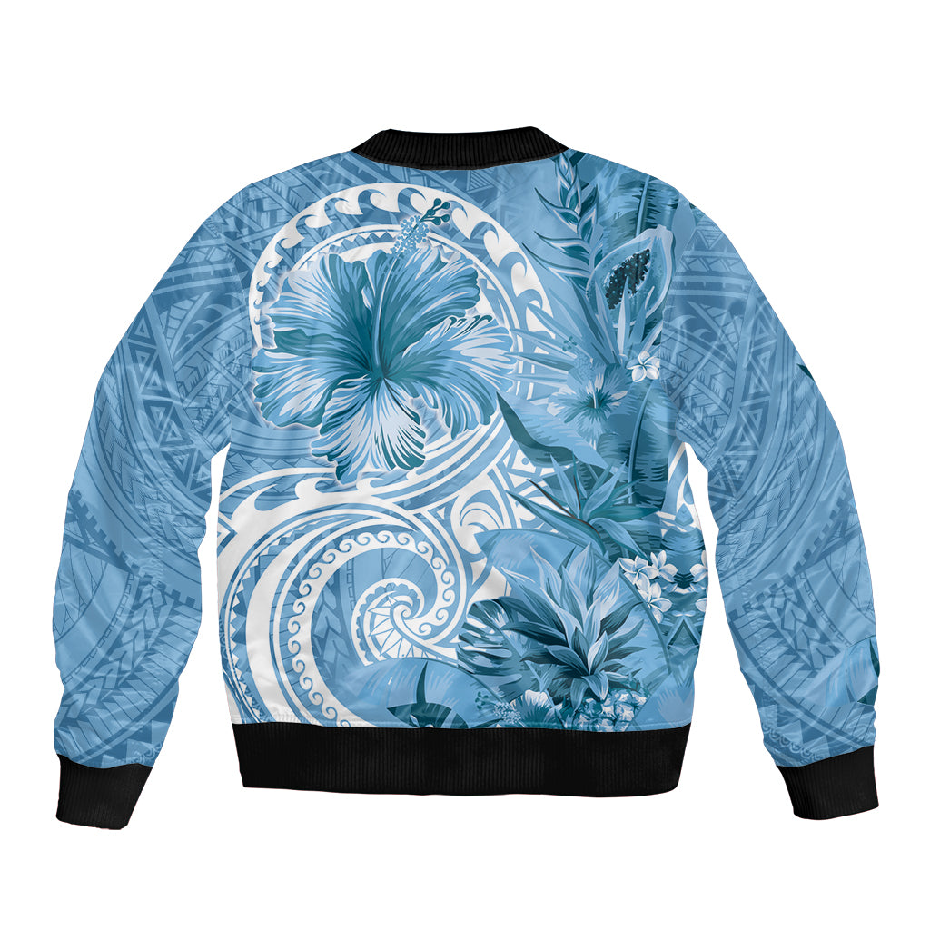 Polynesian Hibiscus Flower Tribal Sleeve Zip Bomber Jacket Blue Color