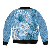 Polynesian Hibiscus Flower Tribal Sleeve Zip Bomber Jacket Blue Color