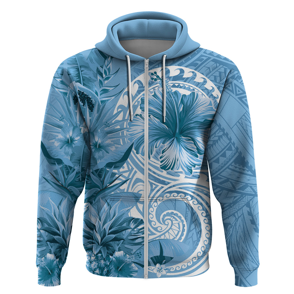 Polynesian Hibiscus Flower Tribal Zip Hoodie Blue Color