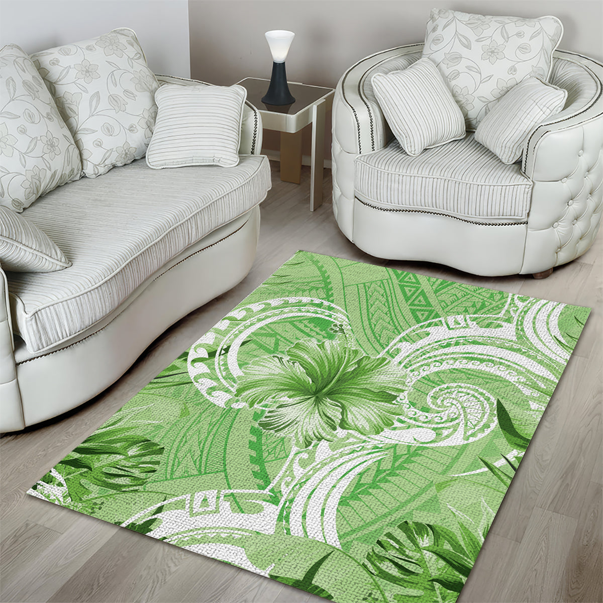 Polynesian Hibiscus Flower Tribal Area Rug Lime Green Color