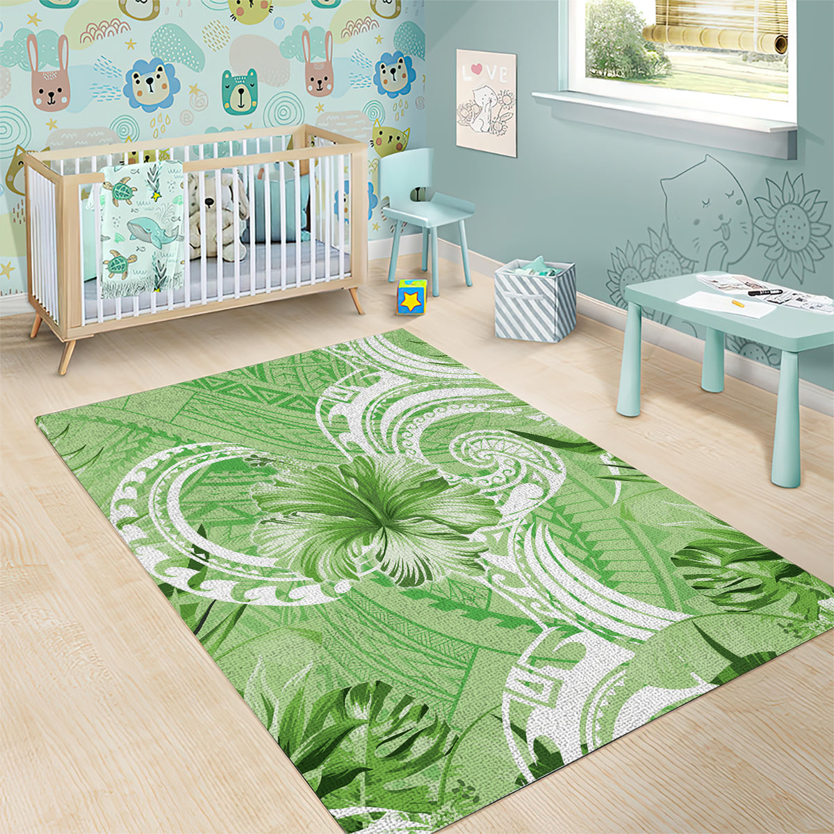 Polynesian Hibiscus Flower Tribal Area Rug Lime Green Color