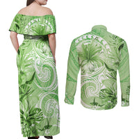 Polynesian Hibiscus Flower Tribal Couples Matching Off Shoulder Maxi Dress and Long Sleeve Button Shirt Lime Green Color