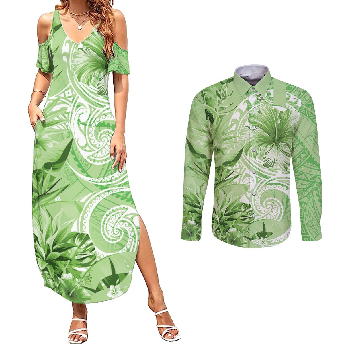 Polynesian Hibiscus Flower Tribal Couples Matching Summer Maxi Dress and Long Sleeve Button Shirt Lime Green Color