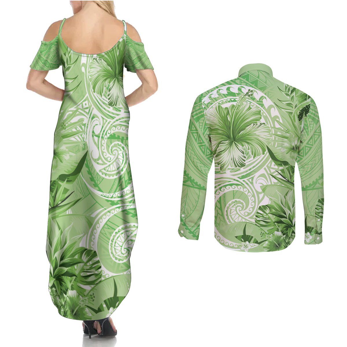 Polynesian Hibiscus Flower Tribal Couples Matching Summer Maxi Dress and Long Sleeve Button Shirt Lime Green Color