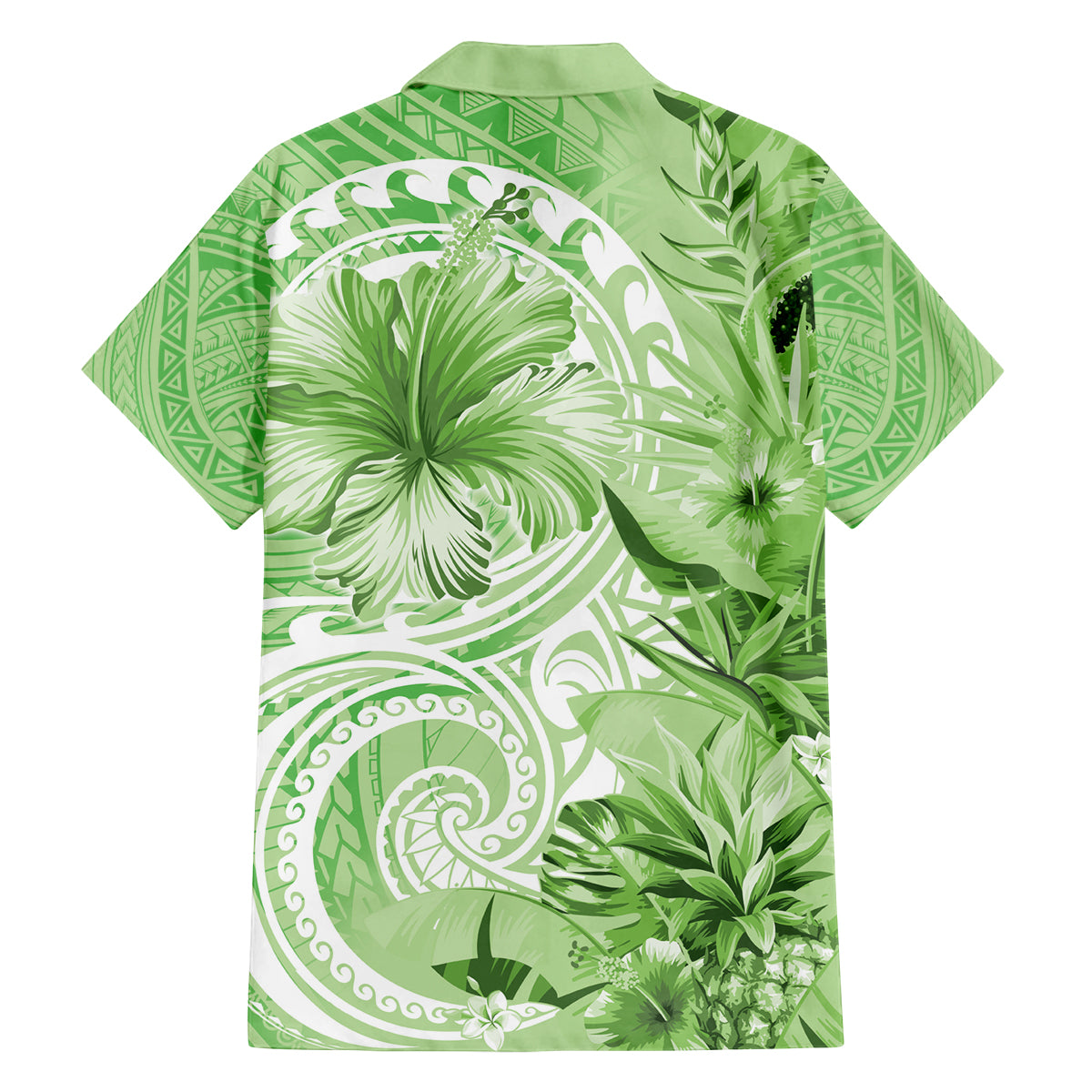 Polynesian Hibiscus Flower Tribal Family Matching Long Sleeve Bodycon Dress and Hawaiian Shirt Lime Green Color