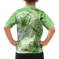 Polynesian Hibiscus Flower Tribal Family Matching Off Shoulder Short Dress and Hawaiian Shirt Lime Green Color