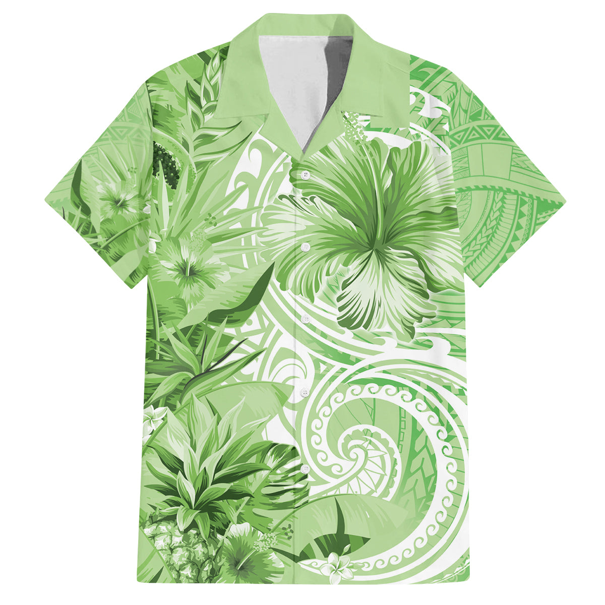 Polynesian Hibiscus Flower Tribal Family Matching Off Shoulder Short Dress and Hawaiian Shirt Lime Green Color
