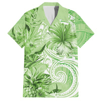 Polynesian Hibiscus Flower Tribal Family Matching Off Shoulder Short Dress and Hawaiian Shirt Lime Green Color