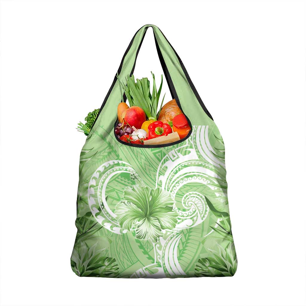 Polynesian Hibiscus Flower Tribal Grocery Bag Lime Green Color