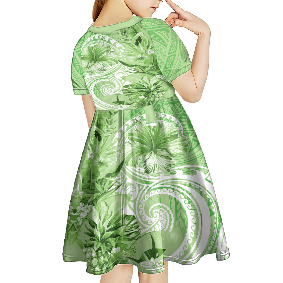 Polynesian Hibiscus Flower Tribal Kid Short Sleeve Dress Lime Green Color LT9 - Polynesian Pride