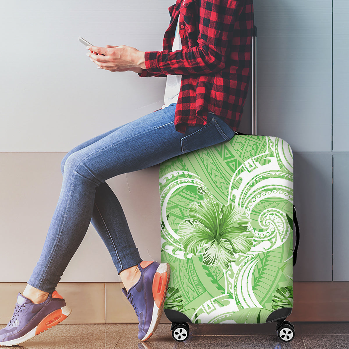 Polynesian Hibiscus Flower Tribal Luggage Cover Lime Green Color