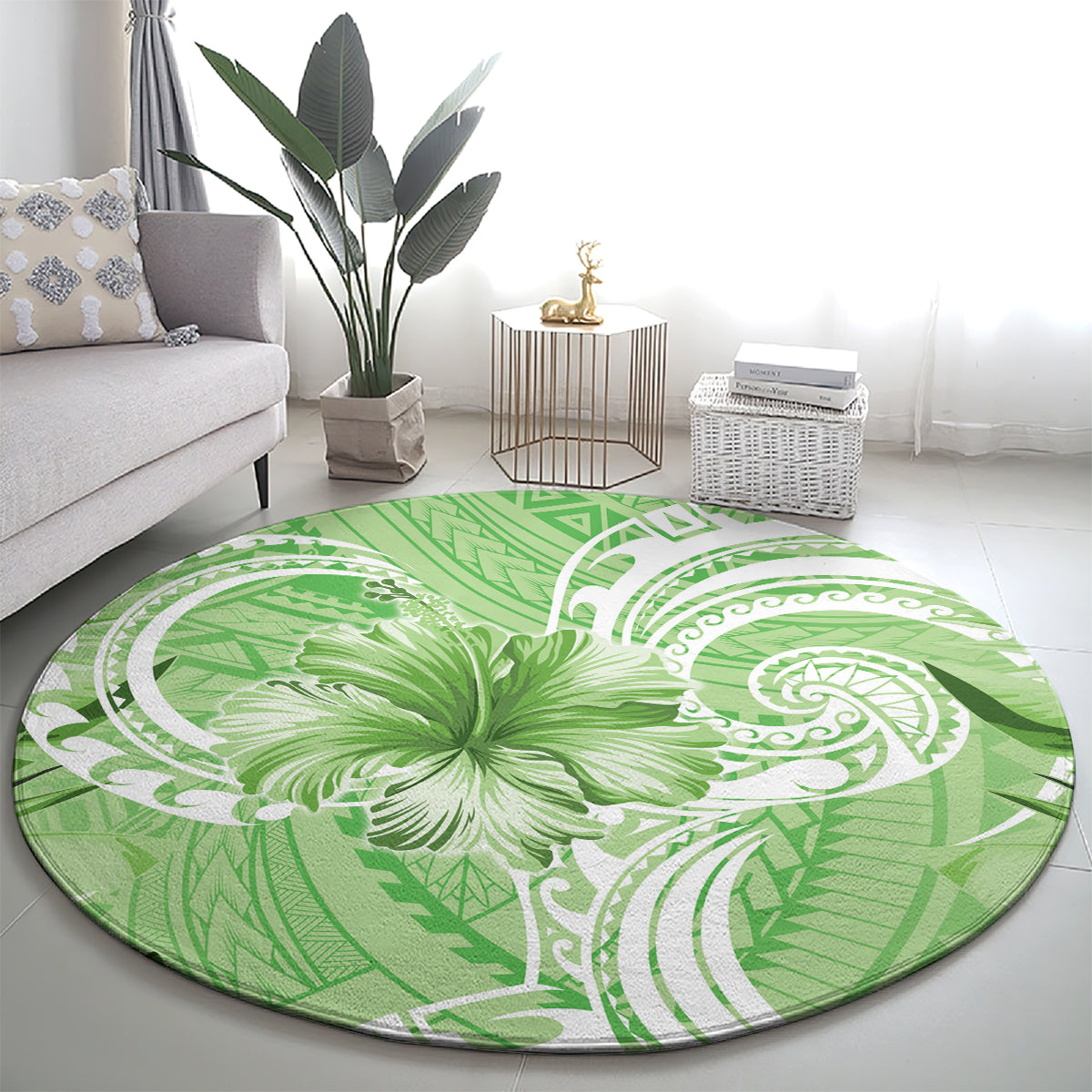 Polynesian Hibiscus Flower Tribal Round Carpet Lime Green Color LT9 - Polynesian Pride