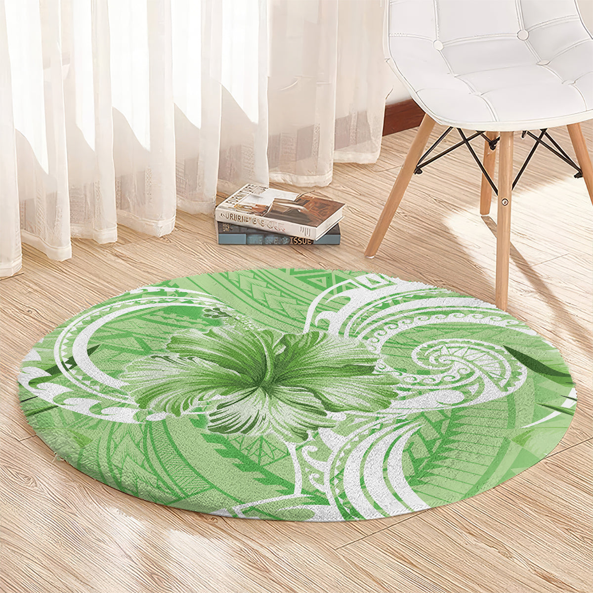Polynesian Hibiscus Flower Tribal Round Carpet Lime Green Color LT9 - Polynesian Pride