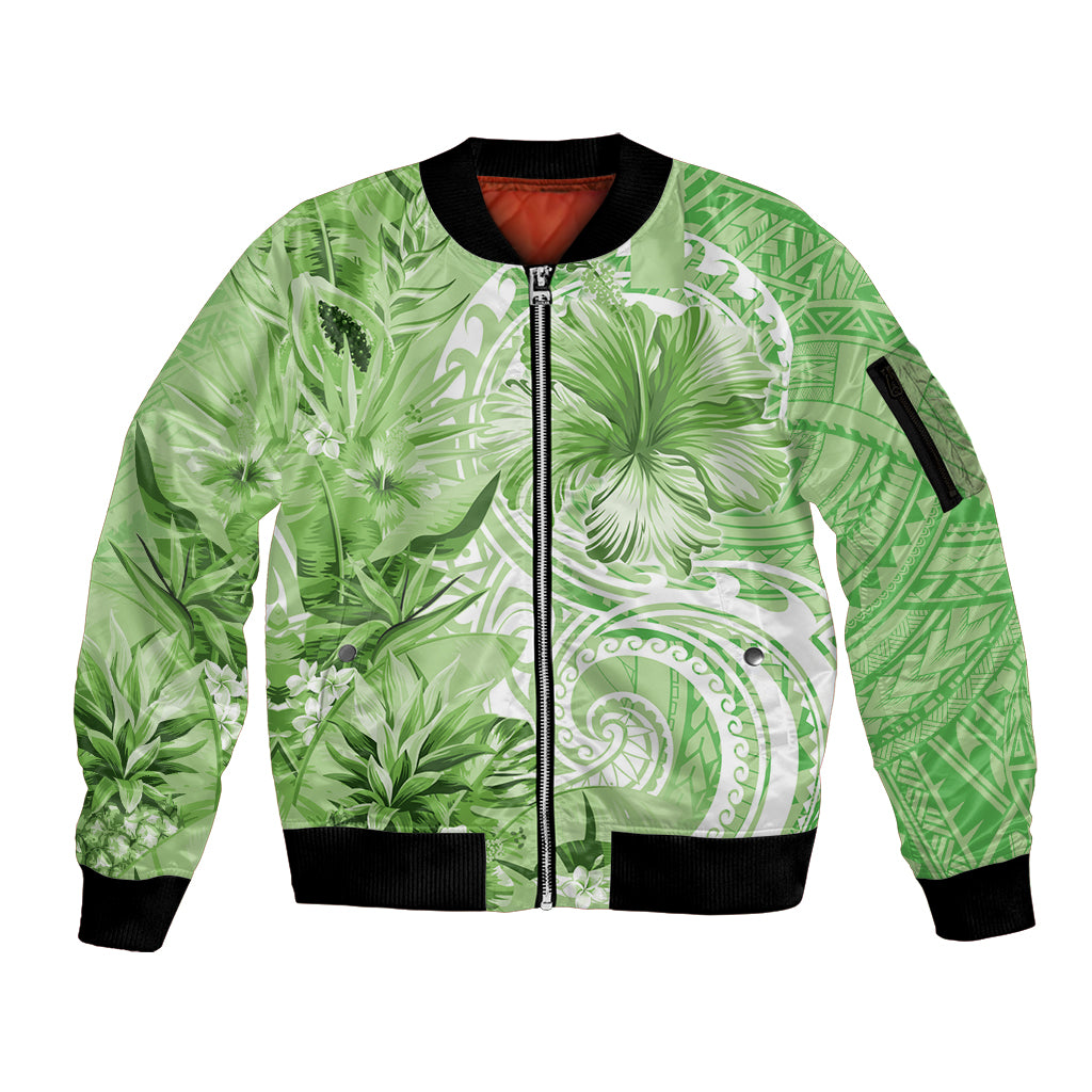 Polynesian Hibiscus Flower Tribal Sleeve Zip Bomber Jacket Lime Green Color