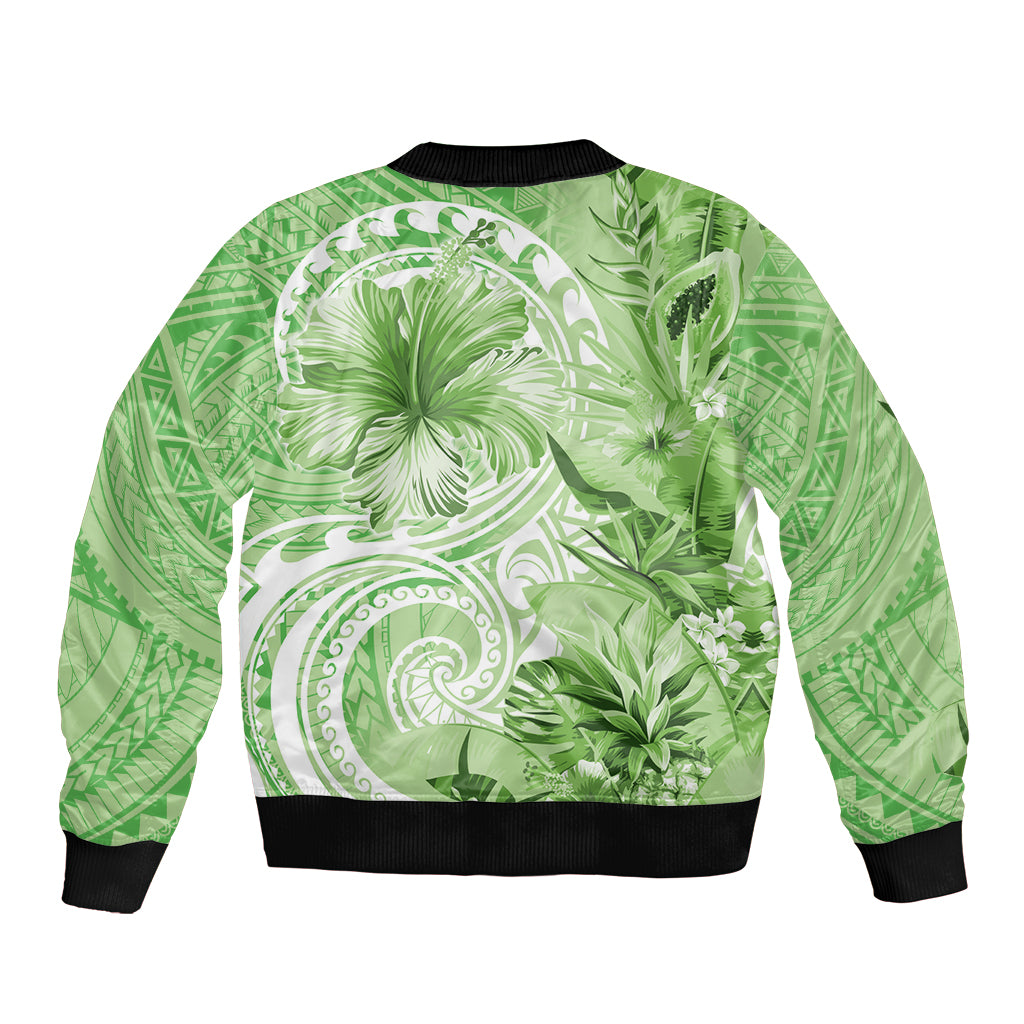 Polynesian Hibiscus Flower Tribal Sleeve Zip Bomber Jacket Lime Green Color