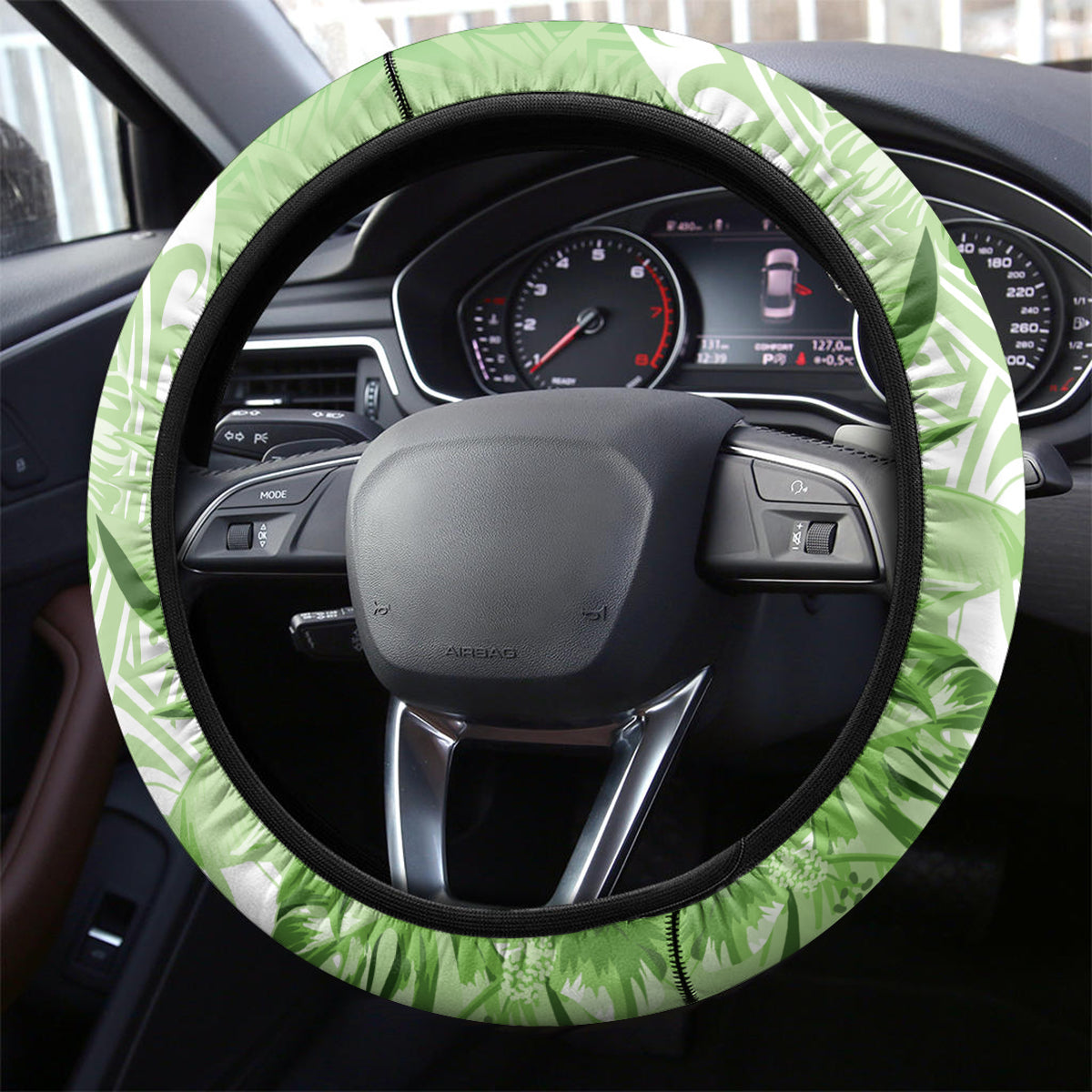 Polynesian Hibiscus Flower Tribal Steering Wheel Cover Lime Green Color