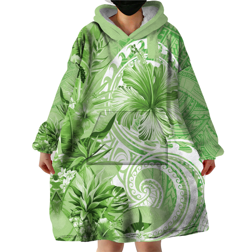 Polynesian Hibiscus Flower Tribal Wearable Blanket Hoodie Lime Green Color