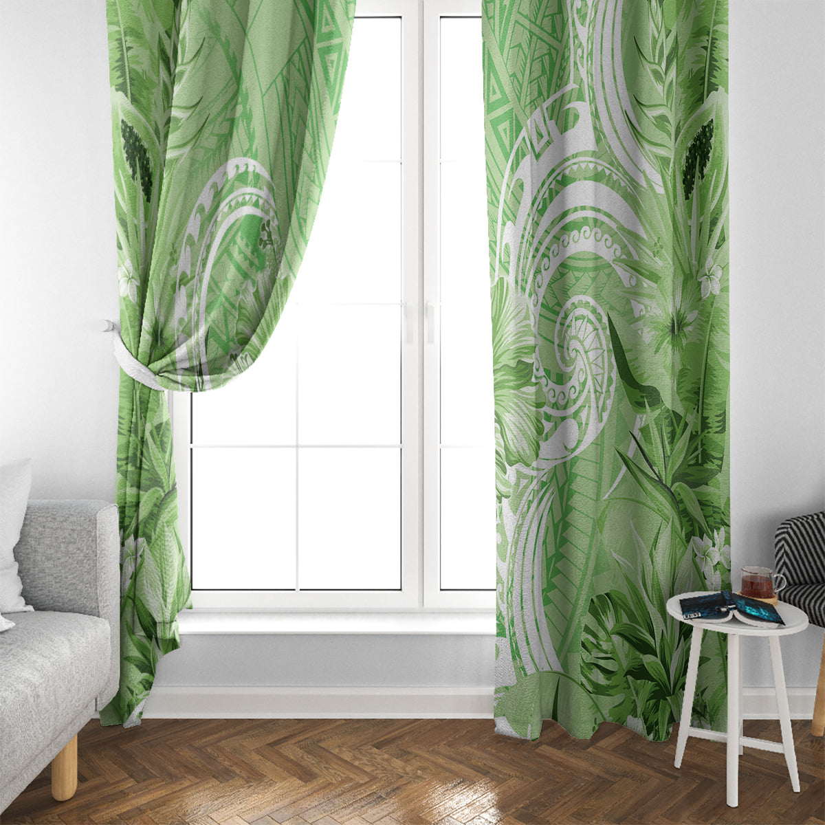 Polynesian Hibiscus Flower Tribal Window Curtain Lime Green Color LT9 - Polynesian Pride