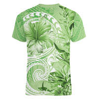Polynesian Hibiscus Flower Tribal Women V Neck T Shirt Lime Green Color