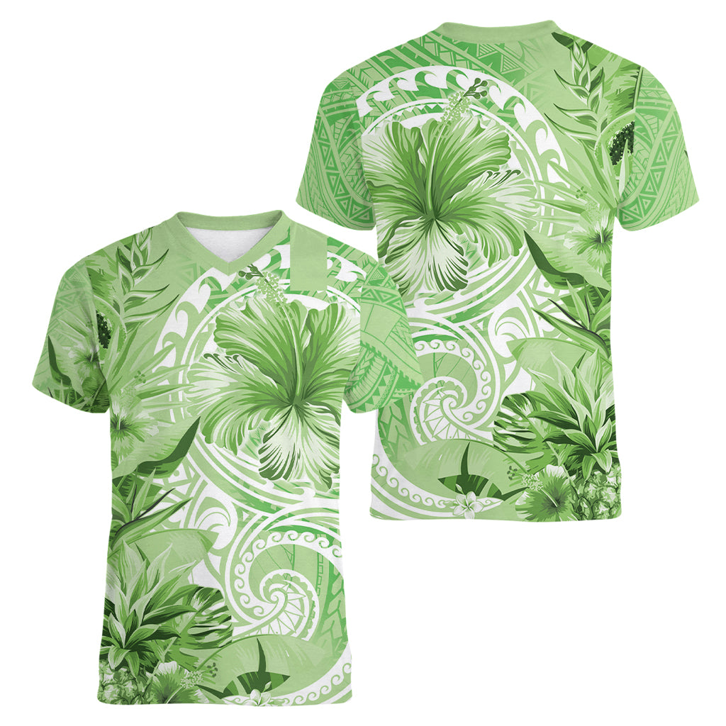 Polynesian Hibiscus Flower Tribal Women V Neck T Shirt Lime Green Color