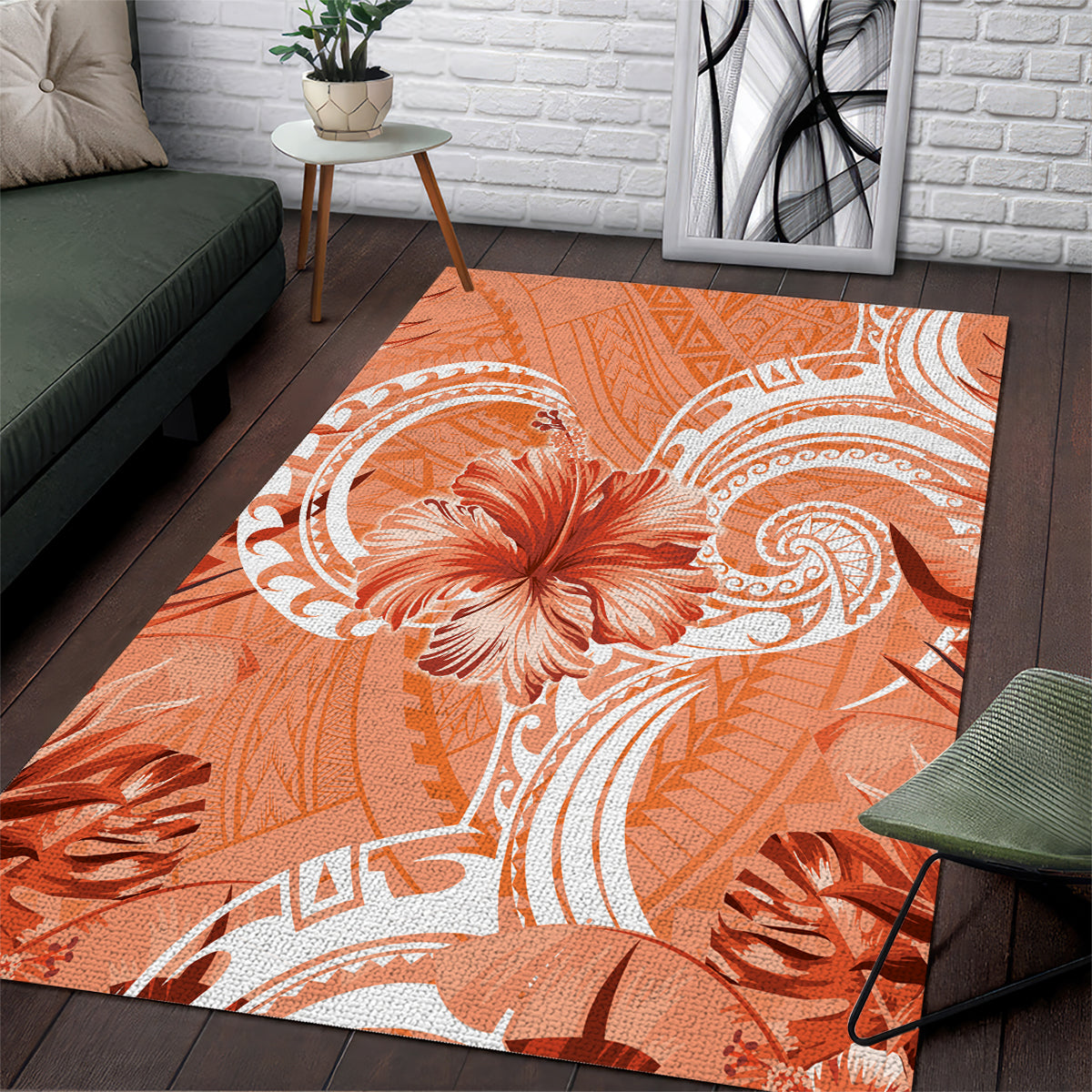 Polynesian Hibiscus Flower Tribal Area Rug Peach Color