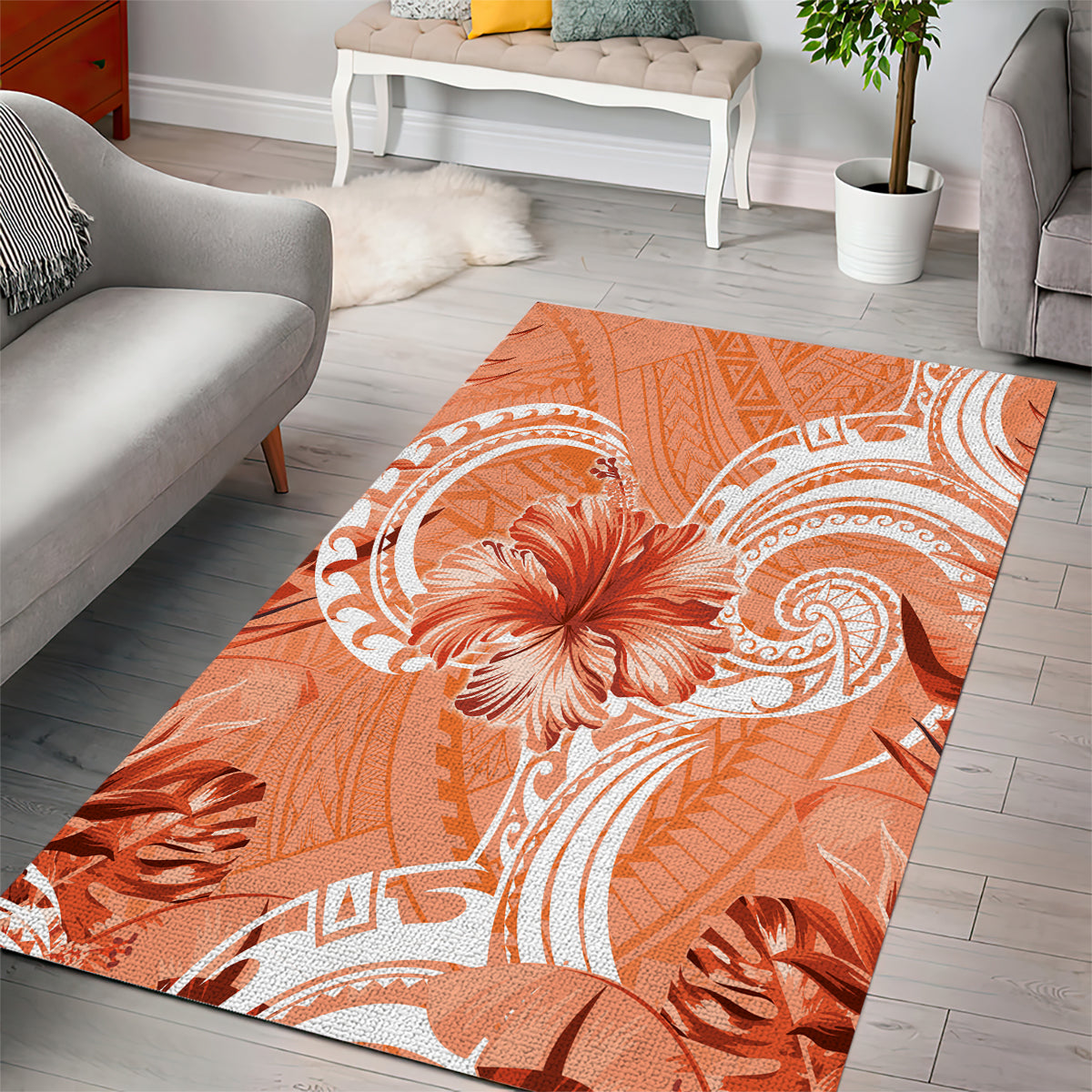 Polynesian Hibiscus Flower Tribal Area Rug Peach Color