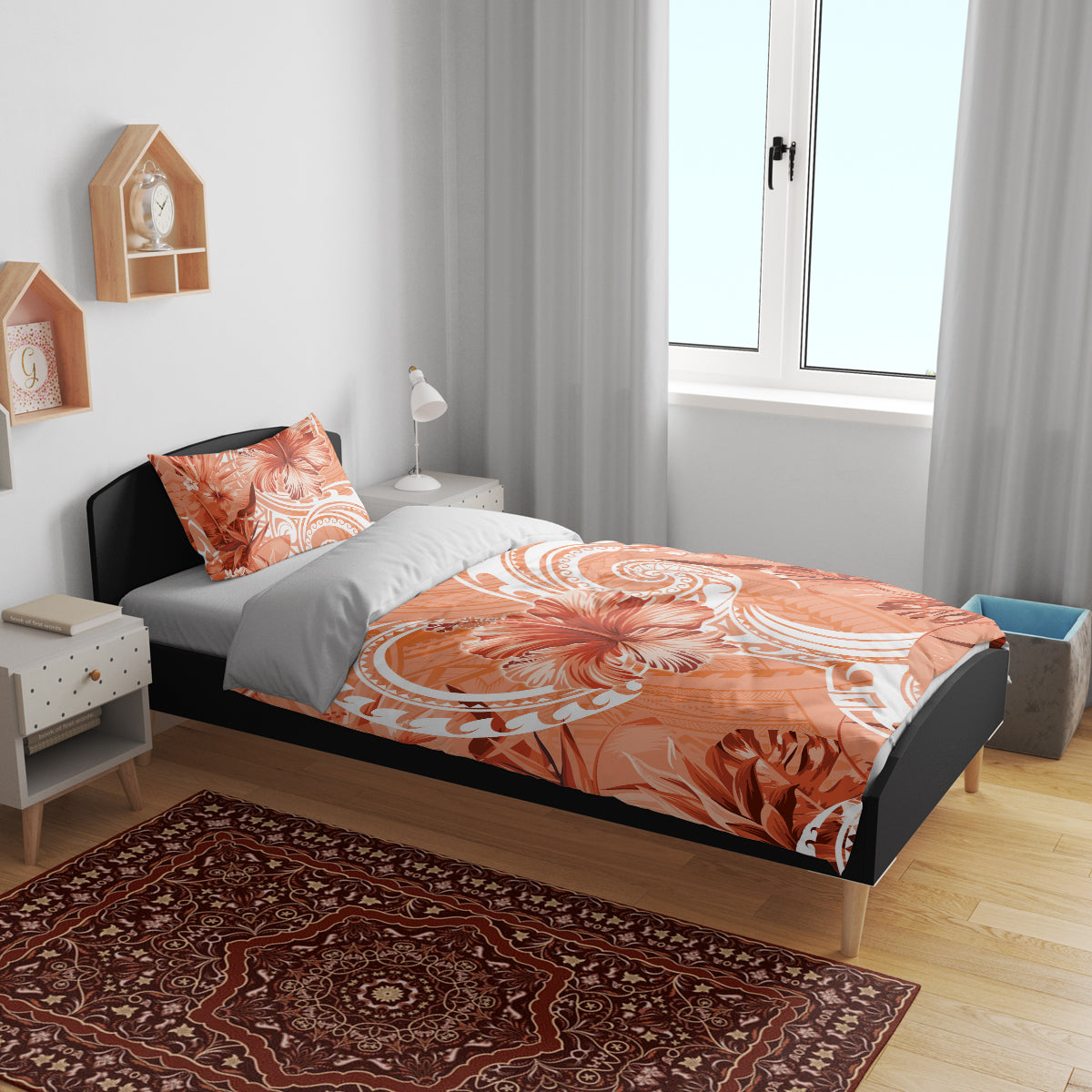 Polynesian Hibiscus Flower Tribal Bedding Set Peach Color