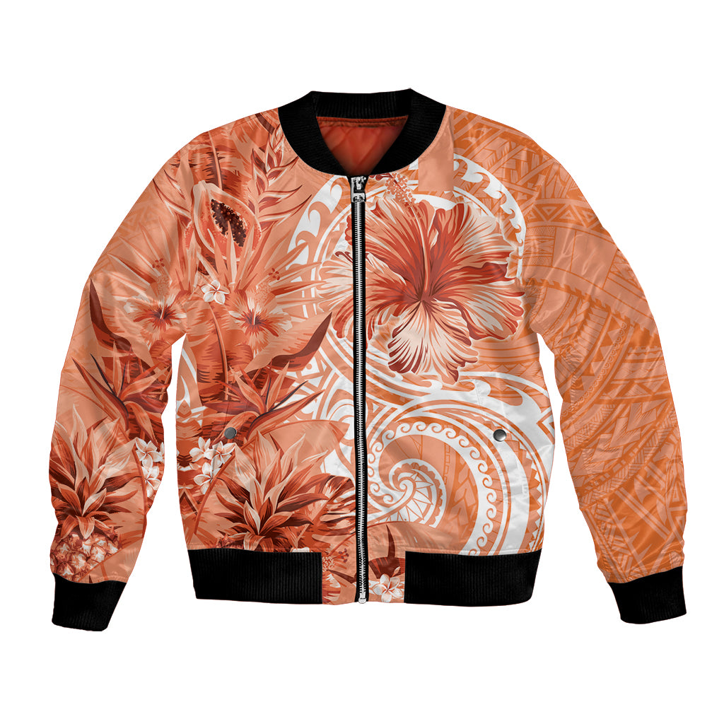 Polynesian Hibiscus Flower Tribal Bomber Jacket Peach Color
