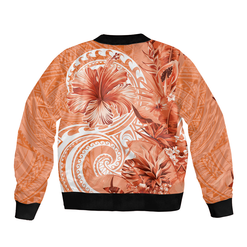 Polynesian Hibiscus Flower Tribal Bomber Jacket Peach Color
