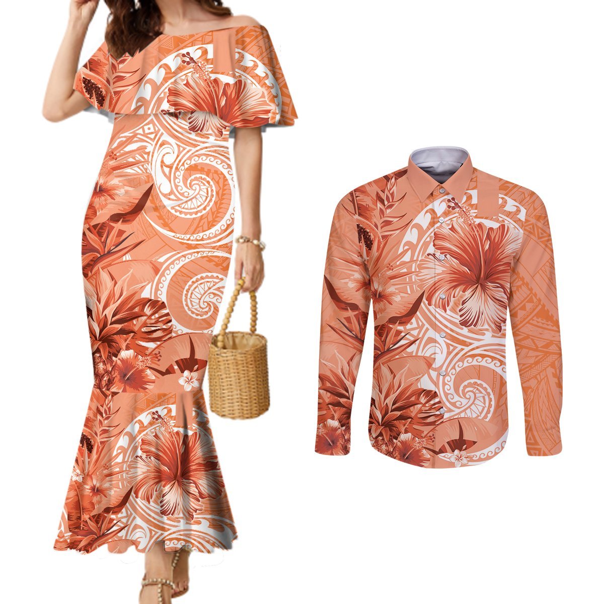 Polynesian Hibiscus Flower Tribal Couples Matching Mermaid Dress and Long Sleeve Button Shirt Peach Color LT9 Peach - Polynesian Pride