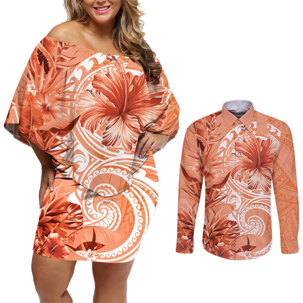 Polynesian Hibiscus Flower Tribal Couples Matching Off Shoulder Short Dress and Long Sleeve Button Shirt Peach Color