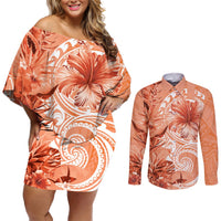 Polynesian Hibiscus Flower Tribal Couples Matching Off Shoulder Short Dress and Long Sleeve Button Shirt Peach Color