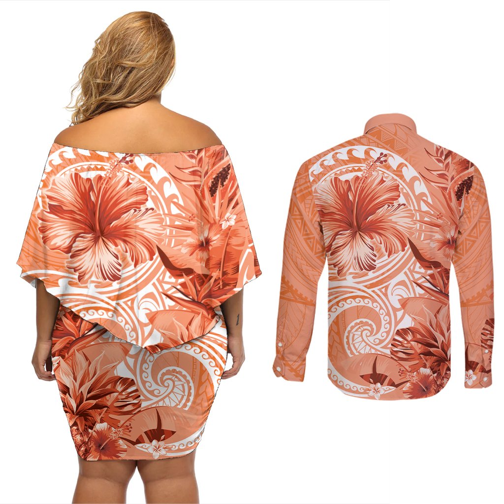 Polynesian Hibiscus Flower Tribal Couples Matching Off Shoulder Short Dress and Long Sleeve Button Shirt Peach Color