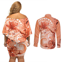 Polynesian Hibiscus Flower Tribal Couples Matching Off Shoulder Short Dress and Long Sleeve Button Shirt Peach Color